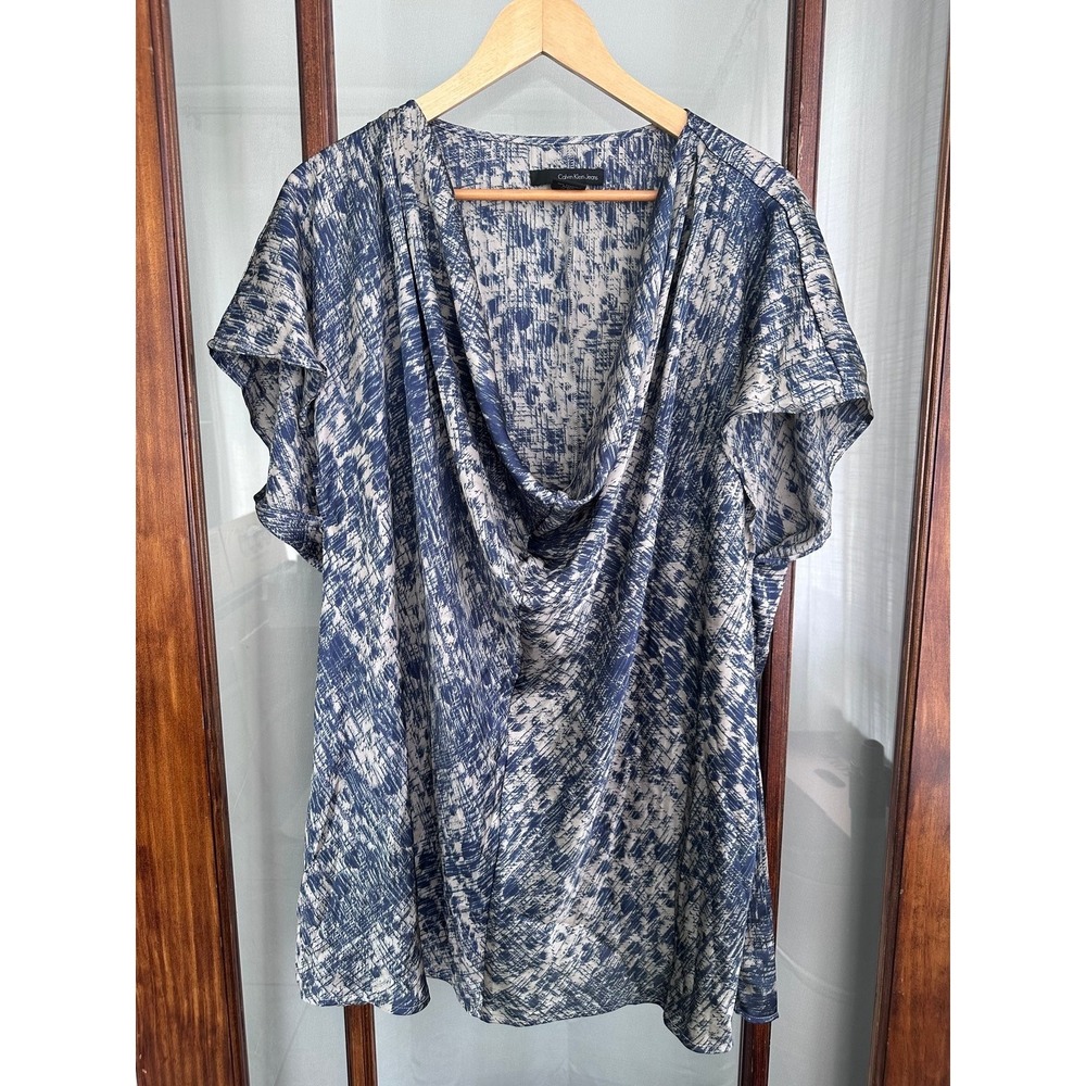 Calvin Klein Jeans Top Women's 3X Navy Blue Beige Short Sleeve Cowl Neck